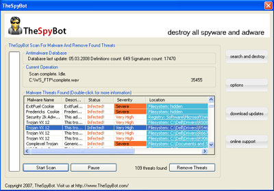 Scan Results from TheSpyBot